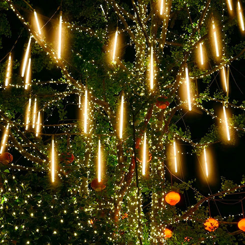 Meteor Shower Christmas Icicle Lights Outdoor, 11.8 Inches 10 Tubes 240 Led Snowfall Lights Connectable, Hanging Falling Rain Lights for Tree Bushes Holiday Christmas Decorations, Warm White