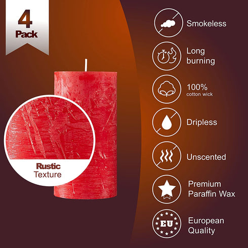 SPAAS Rustic Red Pillar Candles - 2.7" X 5" Decorative Candles Set of 4 - Clean Burning and Dripless Unscented Rustic Pillar Candles for Home Decorations, Party, Weddings, Spa, Restaurant