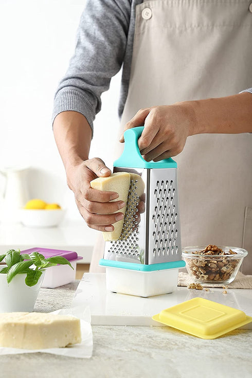 Marco Almond KYA57B Box Grater,Stainless Steel Grater with 4 Sides,Slicer 5 Piece Set, Potato,Cheese,Cucumber,Salad Vegetables Graters Peelers, Dishwasher safe, Turquoise