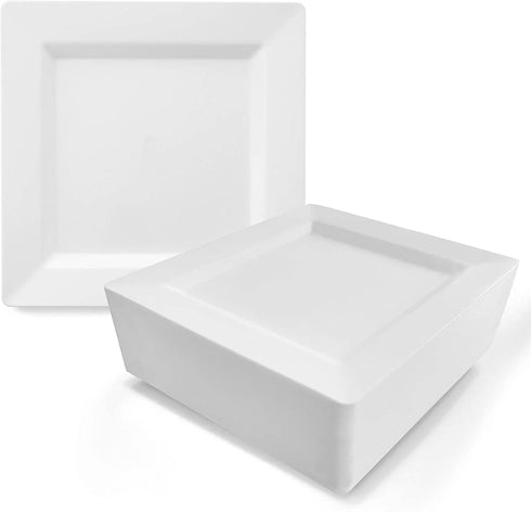 White Square Plates Set by Oasis Creations 10" - 50 count - Premium Hard White Disposable Plastic - Disposable and Reusable - Salad Plate - Appetizer Plate - Dinner Plate - Party Plate Set