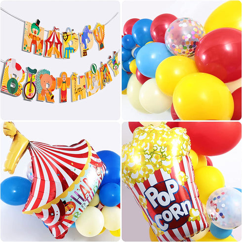 Golray 138Pcs Carnival Circus Balloon Garland Arch Kit for Kids Carnival Circus Theme Birthday Party Decorations Supplies, Carnival Decor with Happy Birthday Banner Circus Tent Lion Clown Head Popcorn