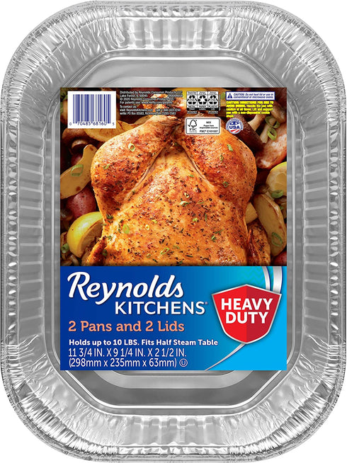 Reynolds Kitchens Heavy Duty Aluminum Pans for Roasting with Lids, 12x9 Inch, 2 Count (Pack of 3), 6 Total