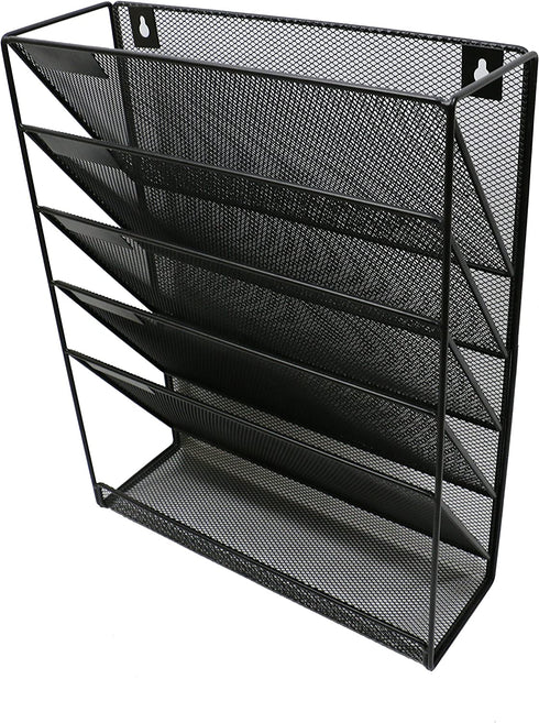 Wall File Mesh Organizer - 5 Pockets - Hanging Letter & Document Holder - Black - for Office and Home