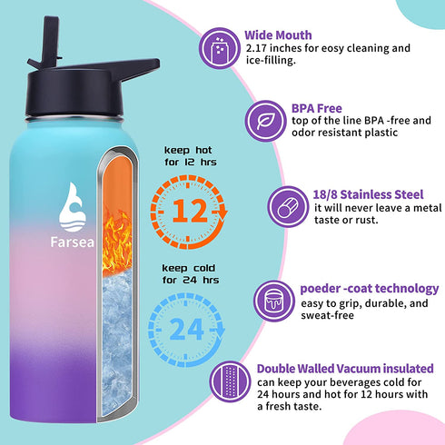 Farsea Insulated Water Bottle with Straw Lid & Spout Lid & Paracord Handle, Stainless Steel Water Bottle Wide Mouth, Double Wall Sweat-Proof BPA-Free, 32 oz, Gradient Mint + Pink + Purple