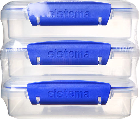 Sistema KLIP IT Collection Sandwich Box 1.9 Cup Compact Food Storage Container, 3 Pack, Clear/Blue, Great for Meal Prep, BPA Free, Reusable