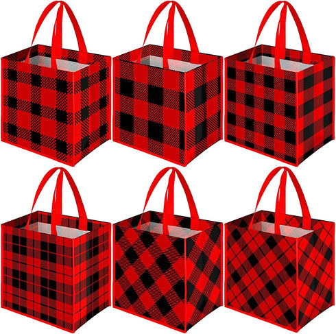 Aneco 12 Pieces Red and Black Plaid Non-Woven Bags Christmas Party Treat Bags Gift Tote Bags 9.8 x 7.9 x 9.8 Inch for Party Favors