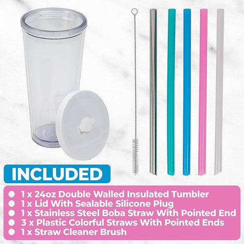 Planet Boba 24 oz Reusable Boba Cup w 5 Bonus Straws | Smoothie Cup with Straw | Leakproof Bubble Tea Cup | Lids and Straw | Boba Cup Reusable | Insulated Boba Tumbler | Boba Tea Cup, White