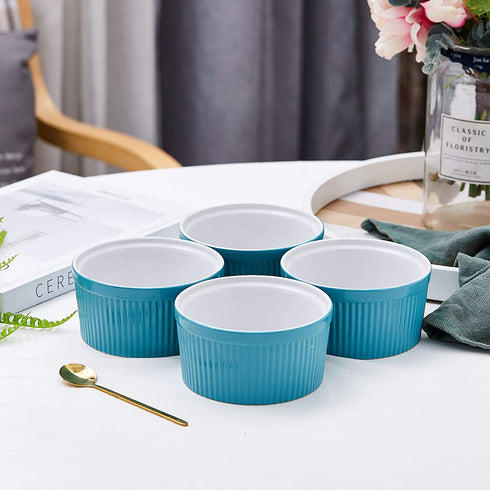 Set of 4 Bake And Serve Ceramic 12 Oz Souffle Dish Oven Safe Oven To Table Ramekins for Desserts Snacks Appetizers Casserole Creme Brulee, Teal