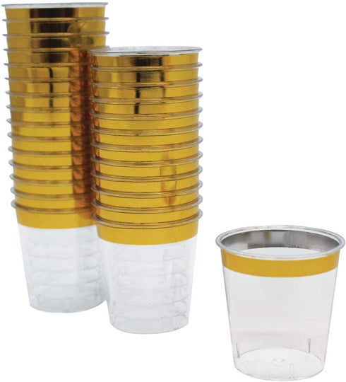 Just Artifacts 1oz Plastic Shot Glasses (120pcs, Metallic Gold Rim)