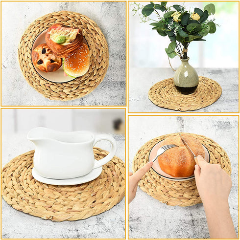 COYMOS Woven Placemats Round Set of 4, Natural Water Hyacinth Weave Placemat for Dining Table, Large Handmade Woven Placemats Heat Resistant Non-Slip 11.8 Inches(30cm)