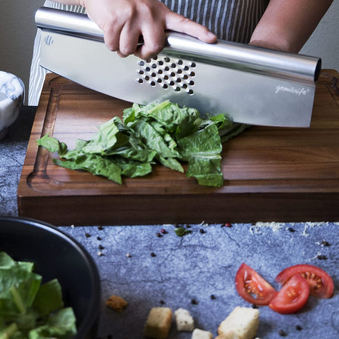 Gemiknife Pizza Cutter Plus. 14? Sharp Rocker Slicer + Built In Cheese Grater. Thick & Sturdy Stainless Steel Blade + Centered Handle + Protective Knife Cover + Dishwasher Safe.