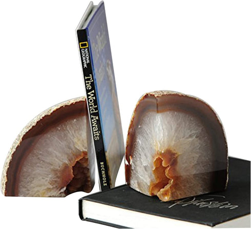 AMOYSTONE 1 Pair Natural Agate Book Ends Crystal Stone Cutting Polished Bookends Holder for Books Small 2-3 LBS