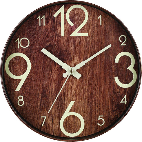 Night Light Function Wall Clocks Wood Grain 12 Inch Silent Non Ticking Quartz Battery Operated Round Easy to Read Home/Kitchen/Office/School Decorative Clock