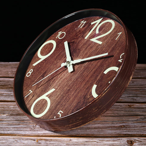Night Light Function Wall Clocks Wood Grain 12 Inch Silent Non Ticking Quartz Battery Operated Round Easy to Read Home/Kitchen/Office/School Decorative Clock