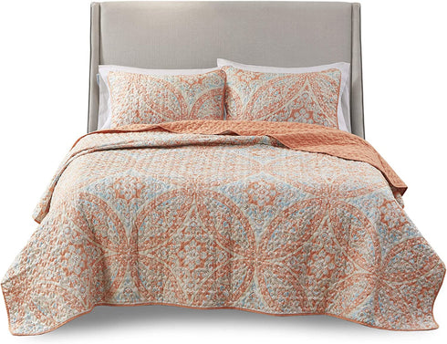 Comfort Spaces Reversible Quilt Set-Vermicelli Stitching Design All Season, Lightweight, Coverlet Bedspread Bedding, Matching Shams, Full/Queen (90 in x 90 in) Gloria, Damask Coral 3 Piece