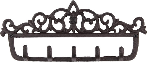 gasare, Key Holder for Wall, Decorative Key Rack, 5 Sturdy Hooks, Cast Iron, Brown, 12½ x 5¼ Inches, Wall Mount Screws and Anchors, 1 Unit
