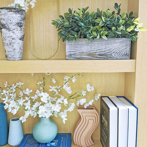 Artificial Grey Green Eucalyptus Plant in Rustic Rectangular Wooden Planter Box Faux Potted Herb Plant Greenery Arrangement for Farmhouse Indoor Wedding Table Centerpiece Mantel Shelf Kitchen Decor
