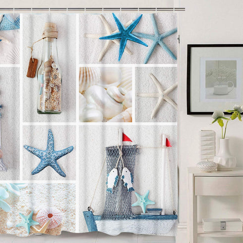 Nautical Shower Curtain, Marine Sail Boat Beach Starfish Shell Sea Life Shower Curtain with 12 Hooks, Waterproof Shower Curtain (White Blue #1, 70" L — 69" W)