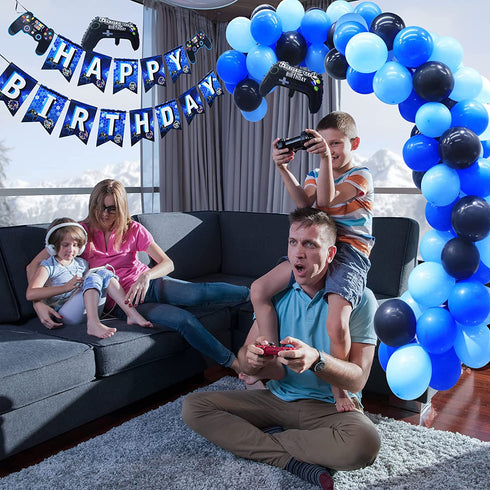 Video Game Party Supplies Birthday Decorations for Boys - 98 Pack Blue Black Balloons Garland with Gamer Birthday Banner Game Controller Balloons for Boy Level Up Birthday Party Decorations
