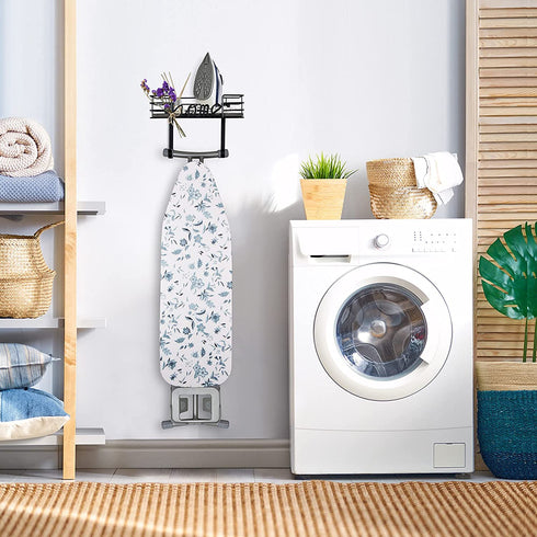 TJ.MOREE Ironing Board Hanger Wall Mount- Laundry Room Decor- Iron and Ironing Board Holder, Laundry Room Organization and Storage with Large Storage Black Wooden Base Basket and Removable Hooks