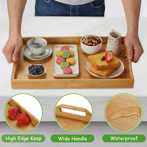 Serving Tray with Handle Rectangle Bamboo Butler Breakfast Tray,2 pcs Party Platter Decorative Large Tea Tray for Ottoman,Couch Dinner Trays for Kitchen, Bathroom, Living Room,Bedroom and Outdoors
