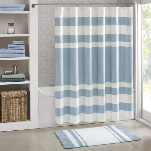 Madison Park Reversible Spa Rug 100%-Cotton Striped Ultra Soft Water Fast Bath Non-Slip Absorbent Quick Dry Mats for Tub, Shower Room, and Bathroom, 27"x45", Blue (MP72-6211)