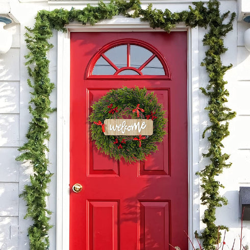 Christmas Wreath with Red Bow and LED Lights, 20 inch Christmas Weaths for Front Door with Welcome Sign, Xmas Wreath for Holiday Christmas Party Decorations