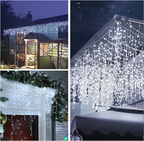 BRIGHTDECK Christmas Icicle Lights 192 LED 16.4 FT 8 Modes Waterproof Cool White Christmas String Lights for Holiday Home Patio Party Indoor Outdoor Xmas Decorations
