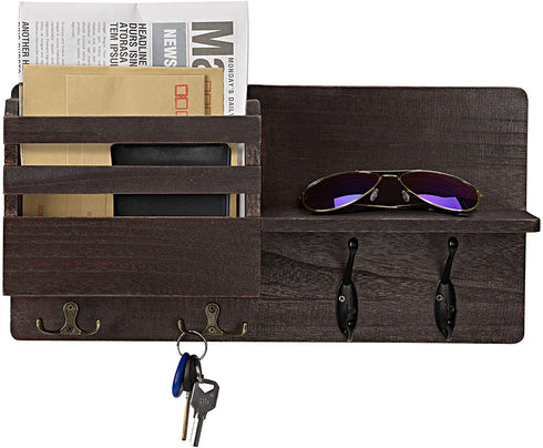 ISM Designs Key Hangers for Wall Decor - Mail and Holder with Shelf Organizer Hooks, Rustic Brown, 16 Inch x 8