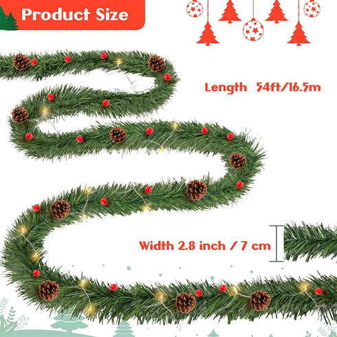 Auihiay 54 Feet Christmas Garland Artificial Christmas Garland with 30 Red Berries and 9 Pine Cones for Christmas Home Holiday Party Outdoor Indoor Decorations
