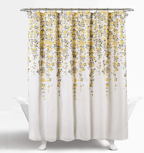 Lush Decor Weeping Flower Shower Curtain-Fabric Floral Vine Print Design, 72 x 72, Yellow & Gray
