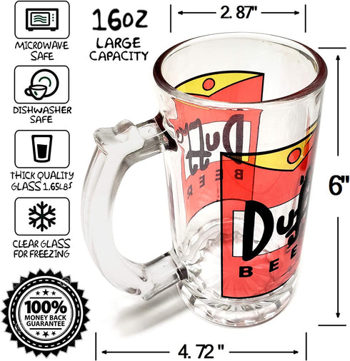 DUFF Beer Mug - 16oz - The Simpsons Inspired - Thick Quality Clear Glass - Artwork On Both Sides - Foam Protection - Perfect Gift¦