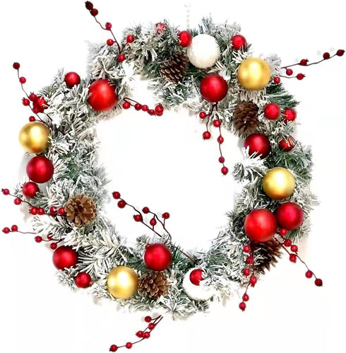 Artificial Christmas Wreath Front Door with Frosted Branches Ball Ornaments Berry Clusters Pine Cones 20 inches for Xmas Holiday Decor Outdoor