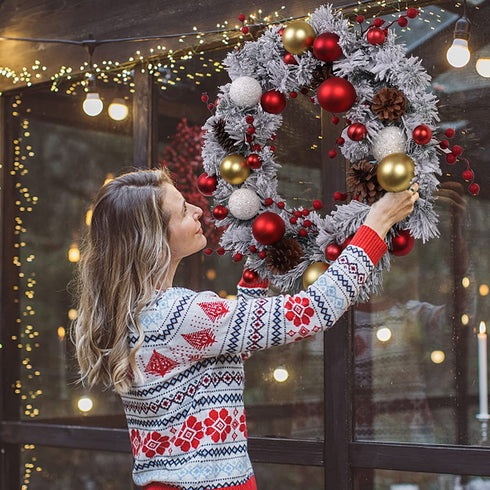 Artificial Christmas Wreath Front Door with Frosted Branches Ball Ornaments Berry Clusters Pine Cones 20 inches for Xmas Holiday Decor Outdoor