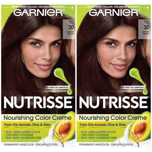 Garnier Hair Color Nutrisse Nourishing Creme, 30 Darkest Brown (Sweet Cola) Permanent Hair Dye, 2 Count (Packaging May Vary)