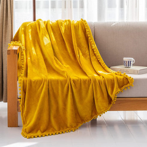 BT.WA Throw Blanket with Pompom Fringe Soft Cozy Flannel Blanket for Couch Sofa Bed Camping Travel Home Decor (Yellow, 51"x63")