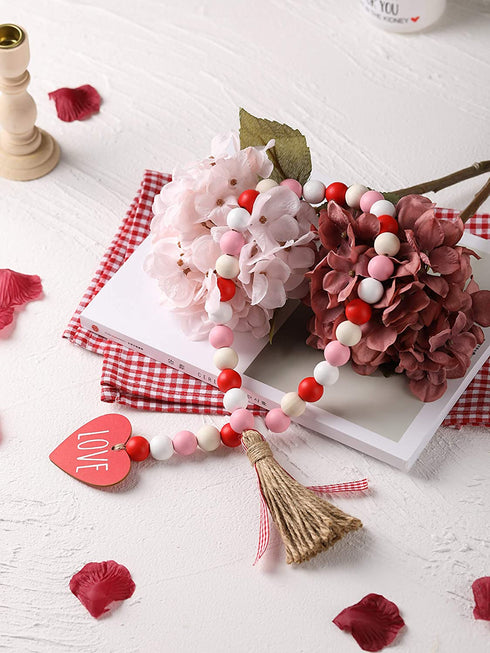 Valentine™s Day Wood Bead Garland with Tassels and Love Heart Shaped Wooden Embellishments Rustic Farmhouse Tiered Tray Wedding Decorations Home Decor (Red & White Love)