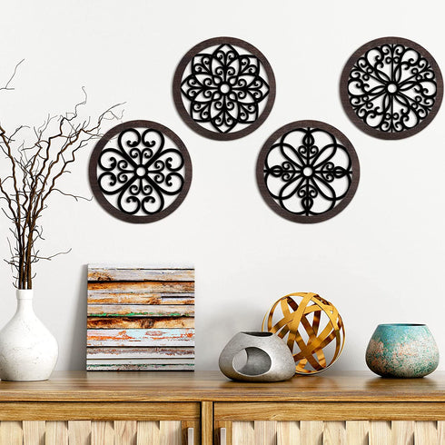 4 Pieces Thicken Rustic Wood Wall Decor Modern Farmhouse Wall Art Decor Wooden Hollow Carved Design Rustic Wall Art for Living Room Bedroom Office Kitchen Wall Decoration (Classic Style)