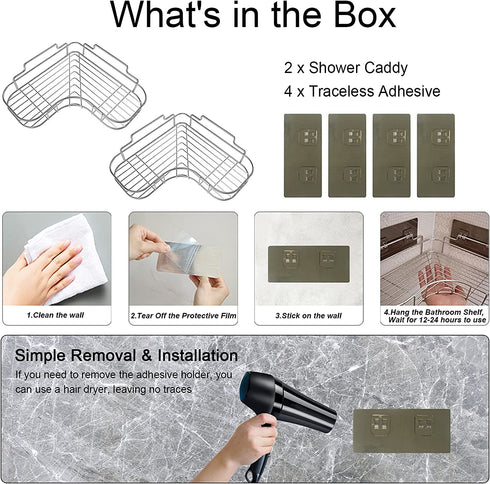 Coidak 2 Pack Shower Corner Caddy Bathroom Hanging Shelf with 4 Traceless Adhesive Hooks, No Drilling Shower Caddy Basket Corner Shelf Stand Storage Organizer for Bathroom Kitchen Toilet