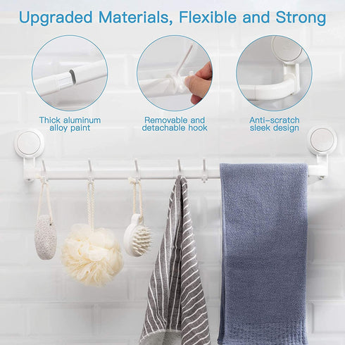 Avolare Suction Cup Towel Bar, Adjustable 24 Inches Towel Holder for Bathroom, Drill Free Removable Wall Mount Towel Rack with 5 Sliding Hooks, Hand Towel Hanger for Kitchen, Toilet, Shower, Door