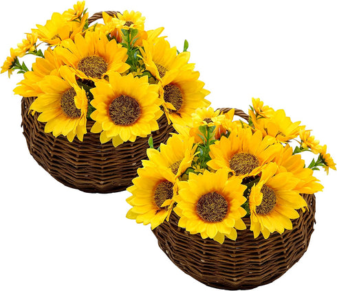 Tapeera Set of 2 Artificial Sunflower Wall Decor In Hanging Hand Woven Basket - Faux Sunflower Kitchen Decor - Fake Sunflower Decor For Kitchen - Sunflower Bathroom Decor Wreath Sun Flowers Home Decor