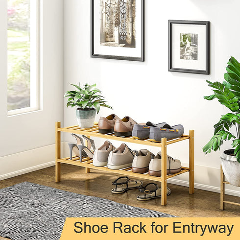 2-Tier Bamboo Shoe Rack for Entryway, Stackable | Heavy Duty | Multi-Function, Free Standing Shoe Racks for Bedroom Hallway Closet