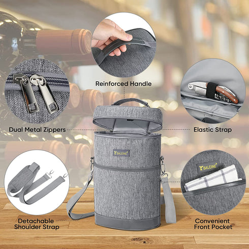 BALEINE 2 Bottle Wine Carrier - Insulated & Leakproof Wine Cooler Bag with Shoulder Strap for Picnic, Travel, BYOB Restaurant, Wine Gifts for Women (Ash Grey, 2 Bottle)
