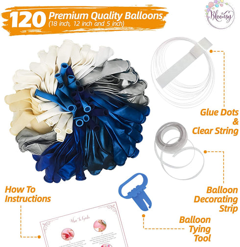 Bloonsy Navy Blue Balloon Garland Kit | Balloon Arch Kit for Baby Boy Shower | 120 Pack | Navy Blue and Silver Balloons