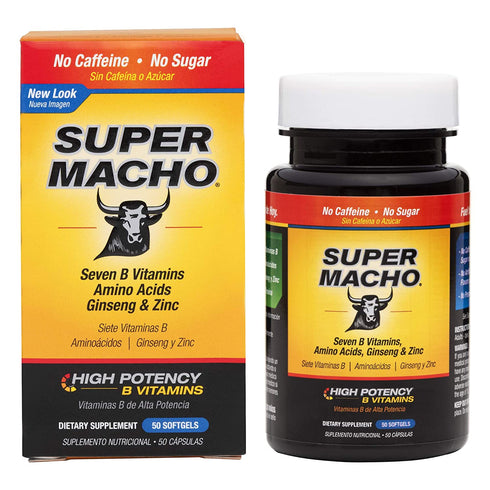 SUPER MACHO, High Potency B Vitamins and Amino Acids, Fuel for Today´s Active Men, No Caffeine, No Sugar, Dietary Supplement, 50 Soft gels, Jar.