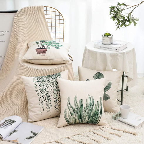 Monkeysell Decorative Throw Pillow Covers, 4 Pack of Green Plant Pattern Cotton Linen Throw Pillow Case Cushion Cover Home Décor Sofa Decorative Pillow 18 X 18 Inch (Green Plant)