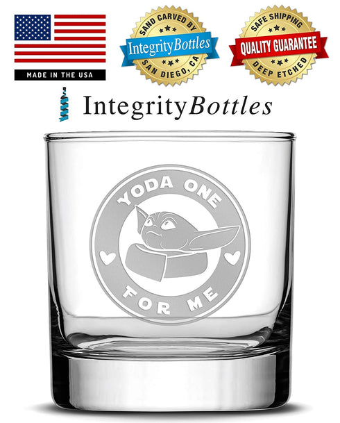 Integrity Bottles Premium Whiskey Glass, Baby Yoda One For Me, Circle - Etched Liquor Rocks Tumbler for Drinking Bourbon, Cocktail, Scotch, Vodka, Old Fashioned Unique Gifts for Men Made in USA, 11oz