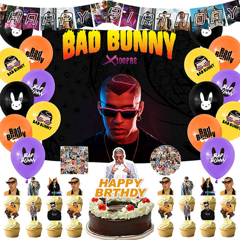107 Pcs Bad Bunny Party Decorations, Bad Bunny Birthday Decorations, Party Supplies includes Happy Birthday Banner, Balloons, Cake Topper, Cupcake Toppers, Backdrop, Stickers