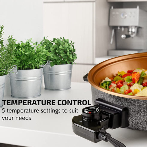 Ovente 12 Inch Electric Kitchen Skillet with Nonstick Aluminum Coated Grill Pan & Glass Lid Cover, Indoor Countertop Cooking Pan with Temperature Control & Handle Compact Easy Clean, Copper SK11112CO