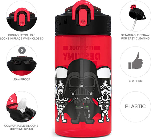 Zak Designs PP Park Straw Kids Durable Plastic Spout Cover and Built-in Carrying Loop, Leak-Proof Water Design for Travel, (16oz, 2pc Set), Darth Vader Bottle 2pk